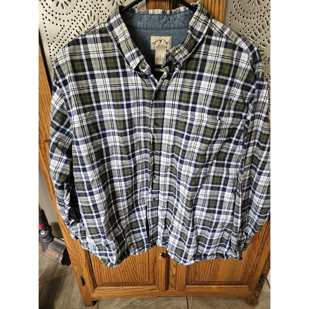 Mens Blue/Green Plaid Button Down, Blue Mountain Brushed Cotton Sz XL